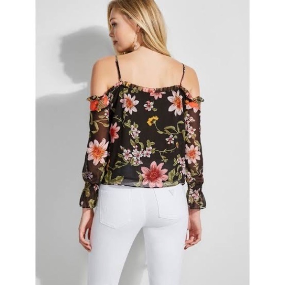 Guess Savina Floral Black coral chiffon off shoulder blouse SP - Picture 15 of 16